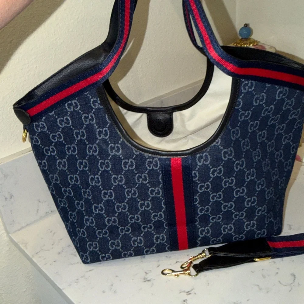 Gucci Blue GG Canvas Tote with Red and Navy Stripe
